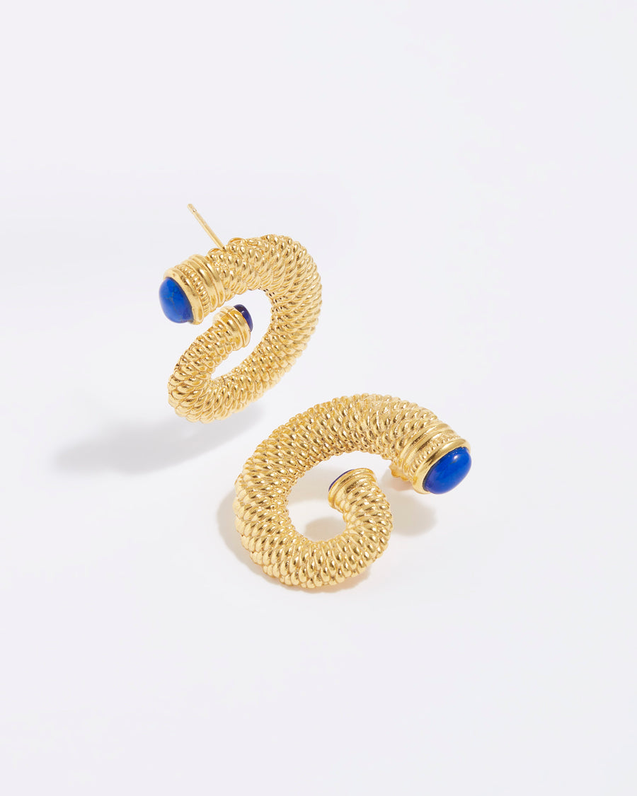 product shot of yellow gold plated oversized stud earring with twisted gold and blue ends