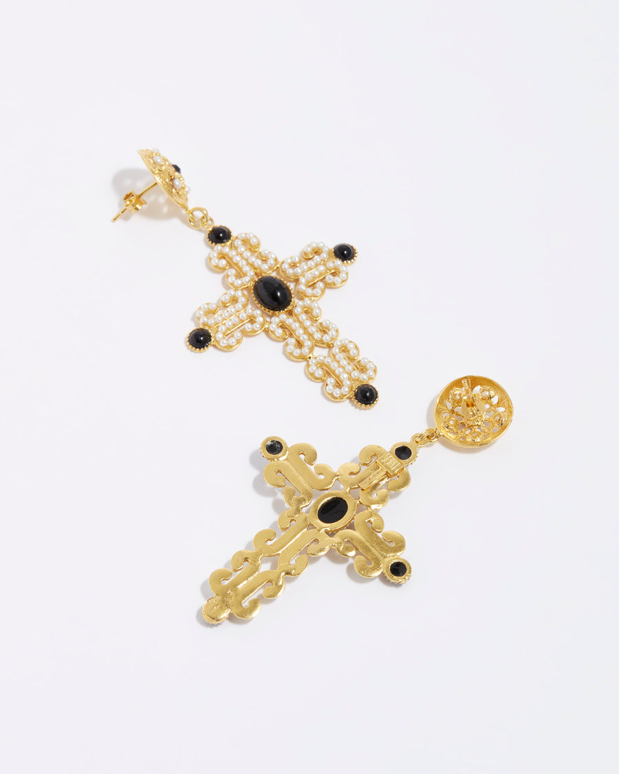 product shot of intricate cross earrings with mini pearls and black onyx beads