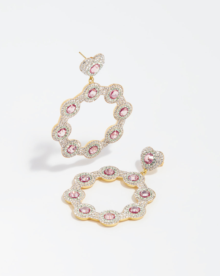Crystal heart hoop earrings product shot on white background 