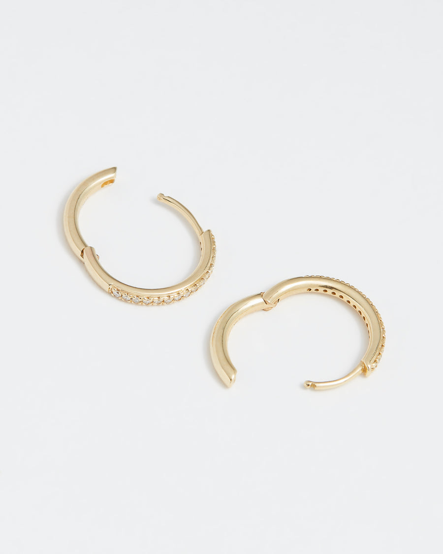 gold and diamond small hoop earring, product shot with clasp open