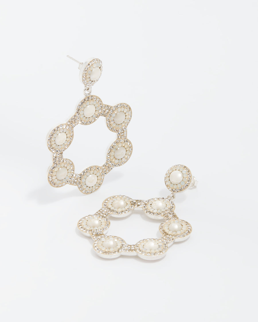 pearl and clear crystal silver forward facing hoops shown on white background