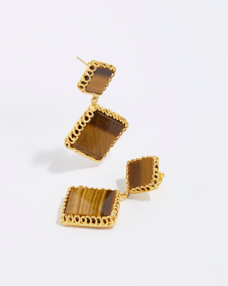 product shot of double drop square shaped tigerseye gemstones set in 18ct yellow gold plated silver setting