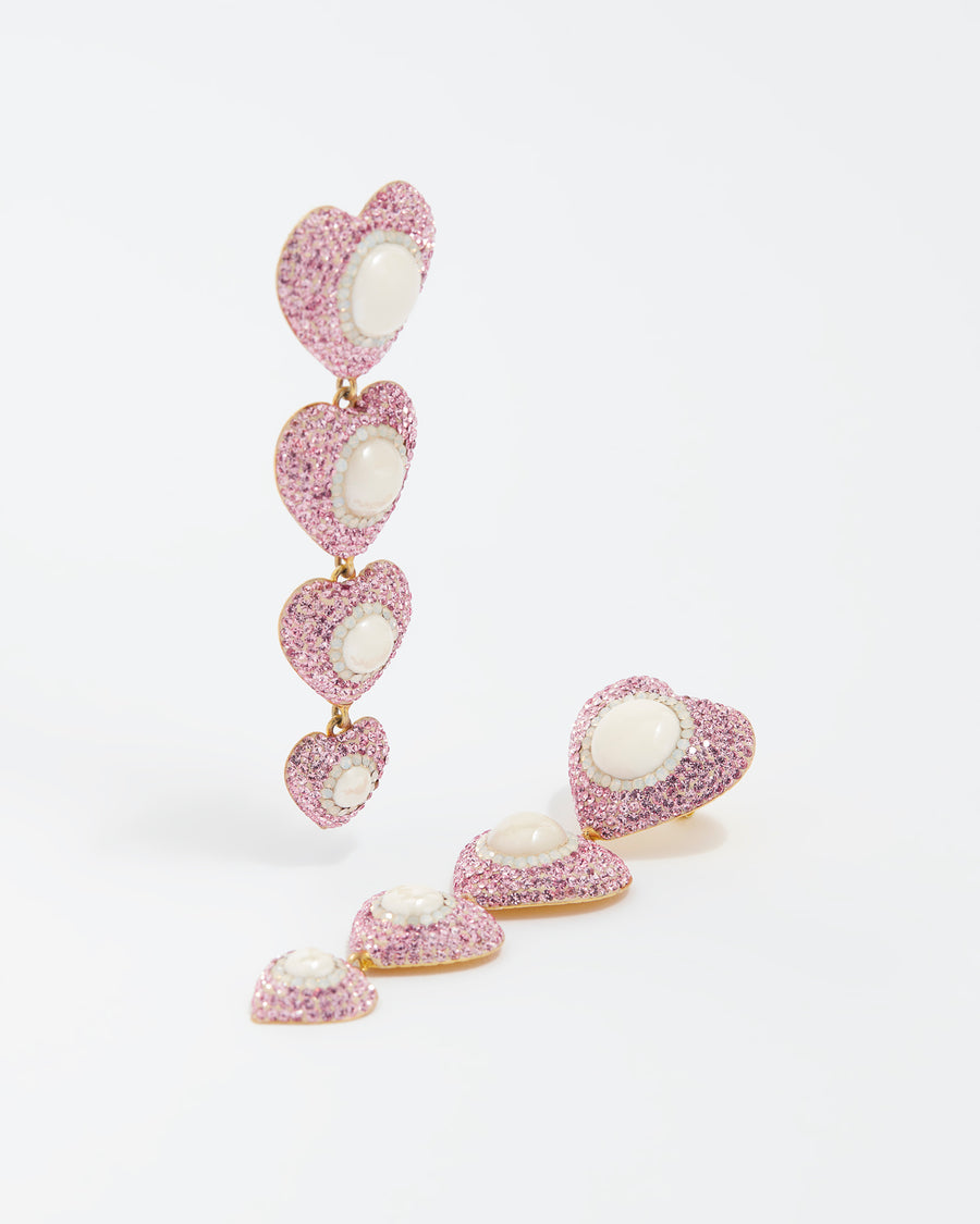 whote background product shot of the 4 drop heart pink crystal and pearl earrings 