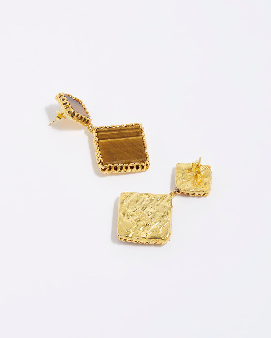 product shot of double drop square shaped tigerseye gemstones set in 18ct yellow gold plated silver setting side view