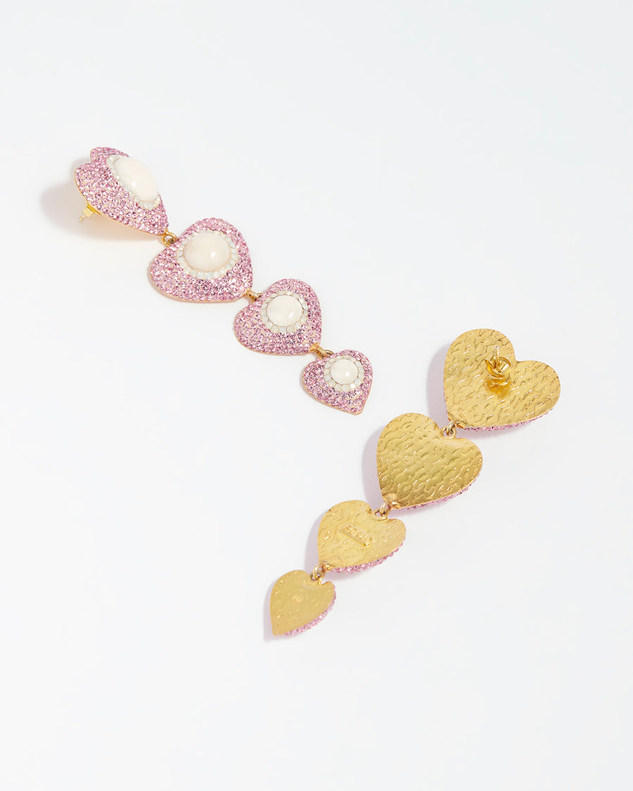 product shot on white background of the pink and pearl 4 drop heart earrings showing the front and the back detail 
