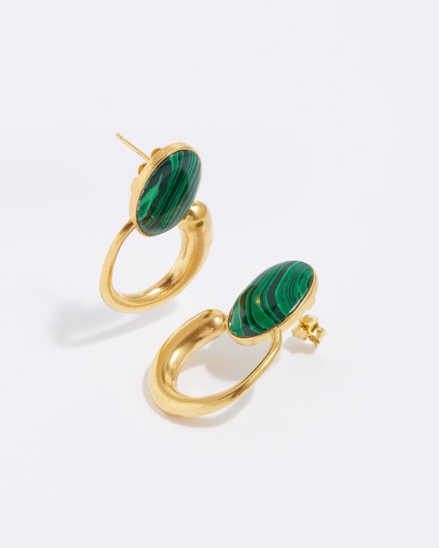 product shot of green oval malachite earrings with a yellow gold hoop
