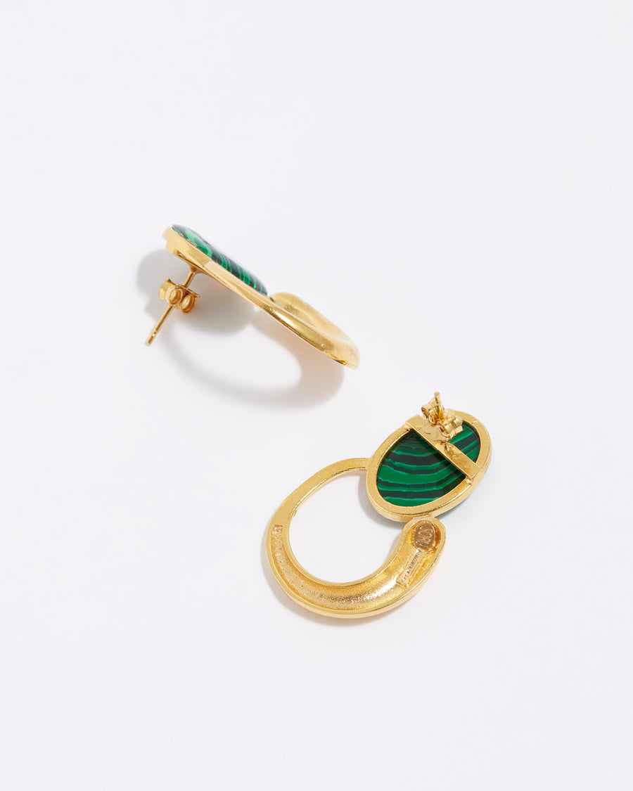 product shot of green oval malachite earrings with a yellow gold hoop from the side