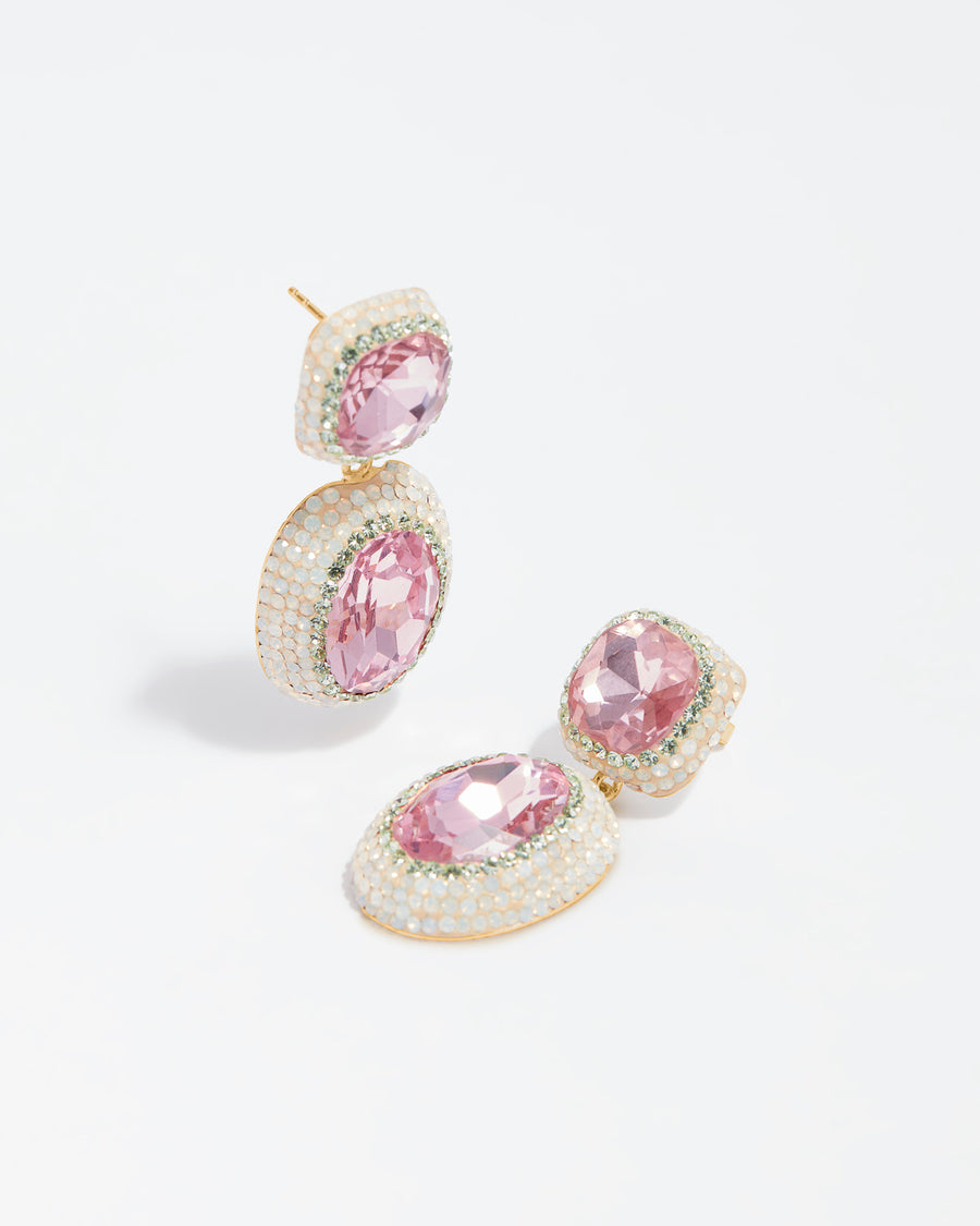 pink crystal double drop earrings shown on a white background 