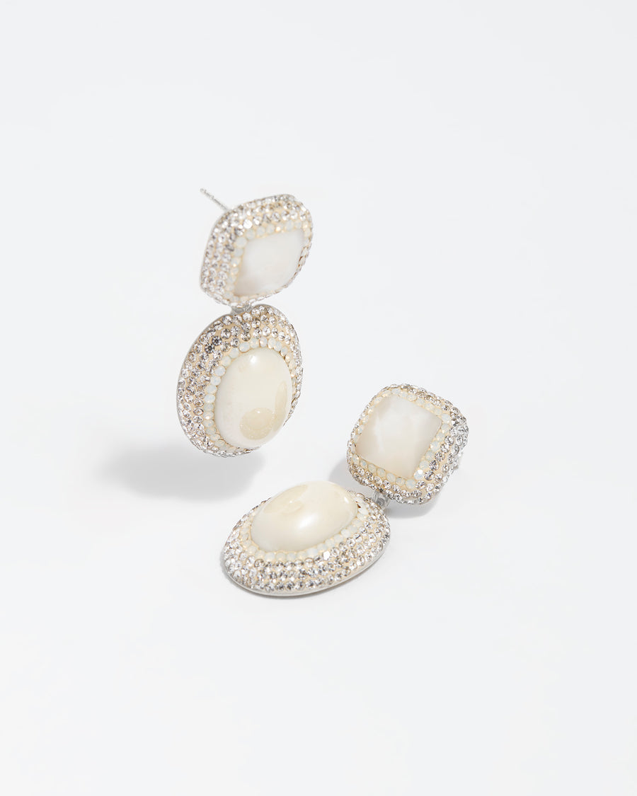 pearl and crystal double drop silver earrings pictured on a white background