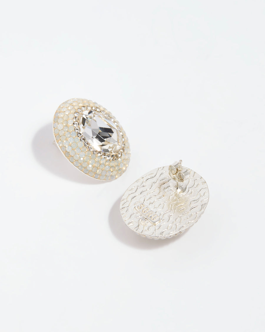 whoite background product shot of the silver crystal oval stud earrings from the front and back 