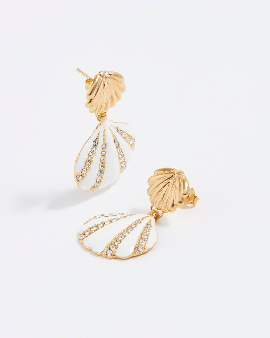 gold plated silver and enamel crystal drop shell earrings