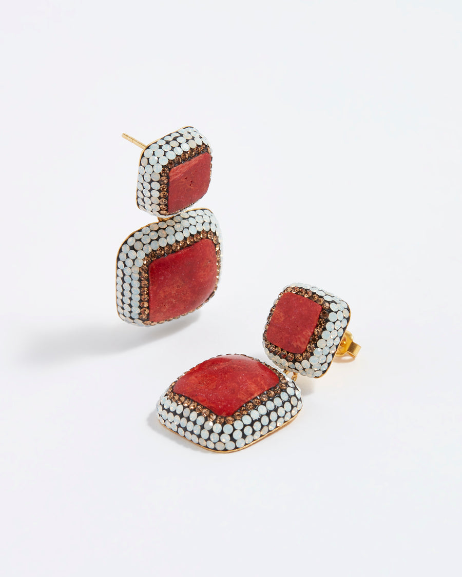 red and crystal square drop earrings