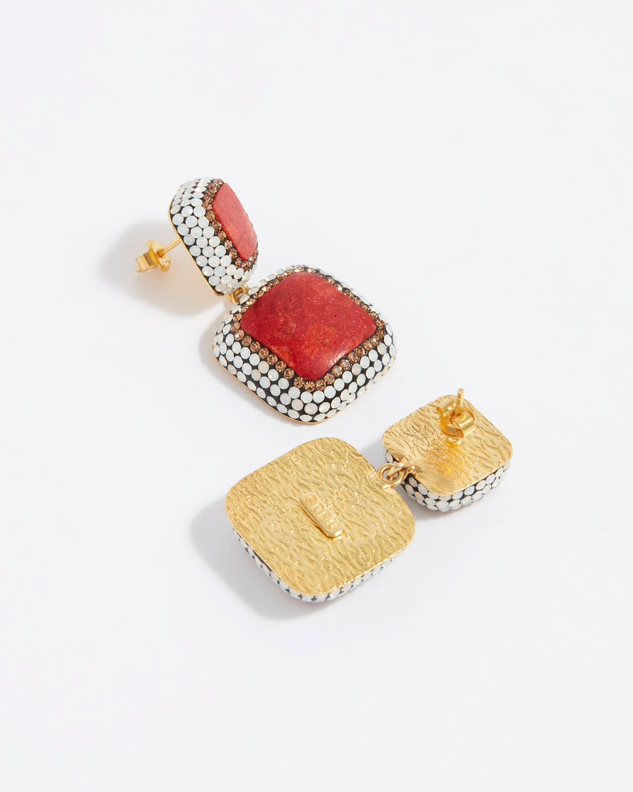 image shows gold back of red and crystal square drop earrings