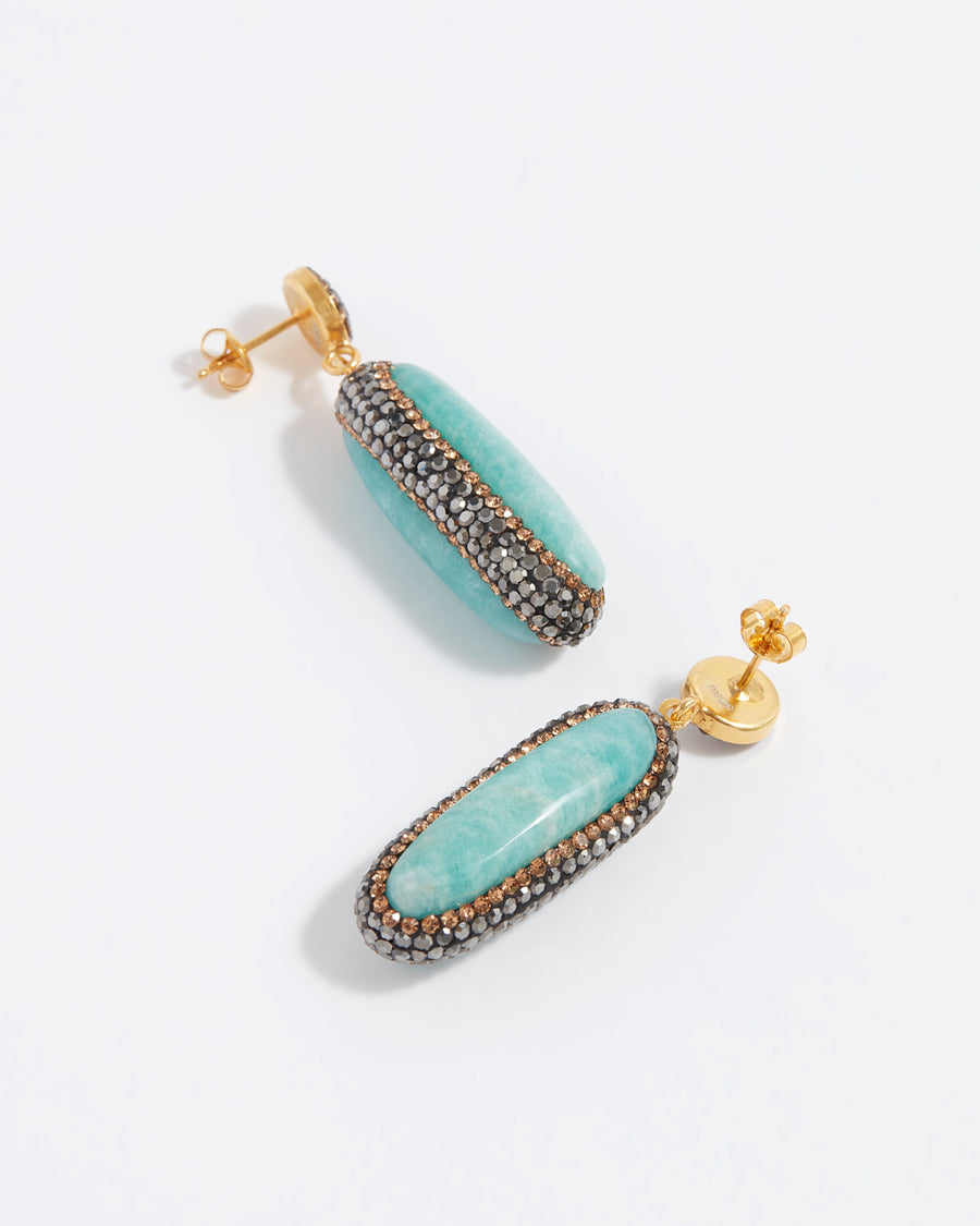 product shot of soru jewellery double sided amazonite gemstone and crystal earrings 