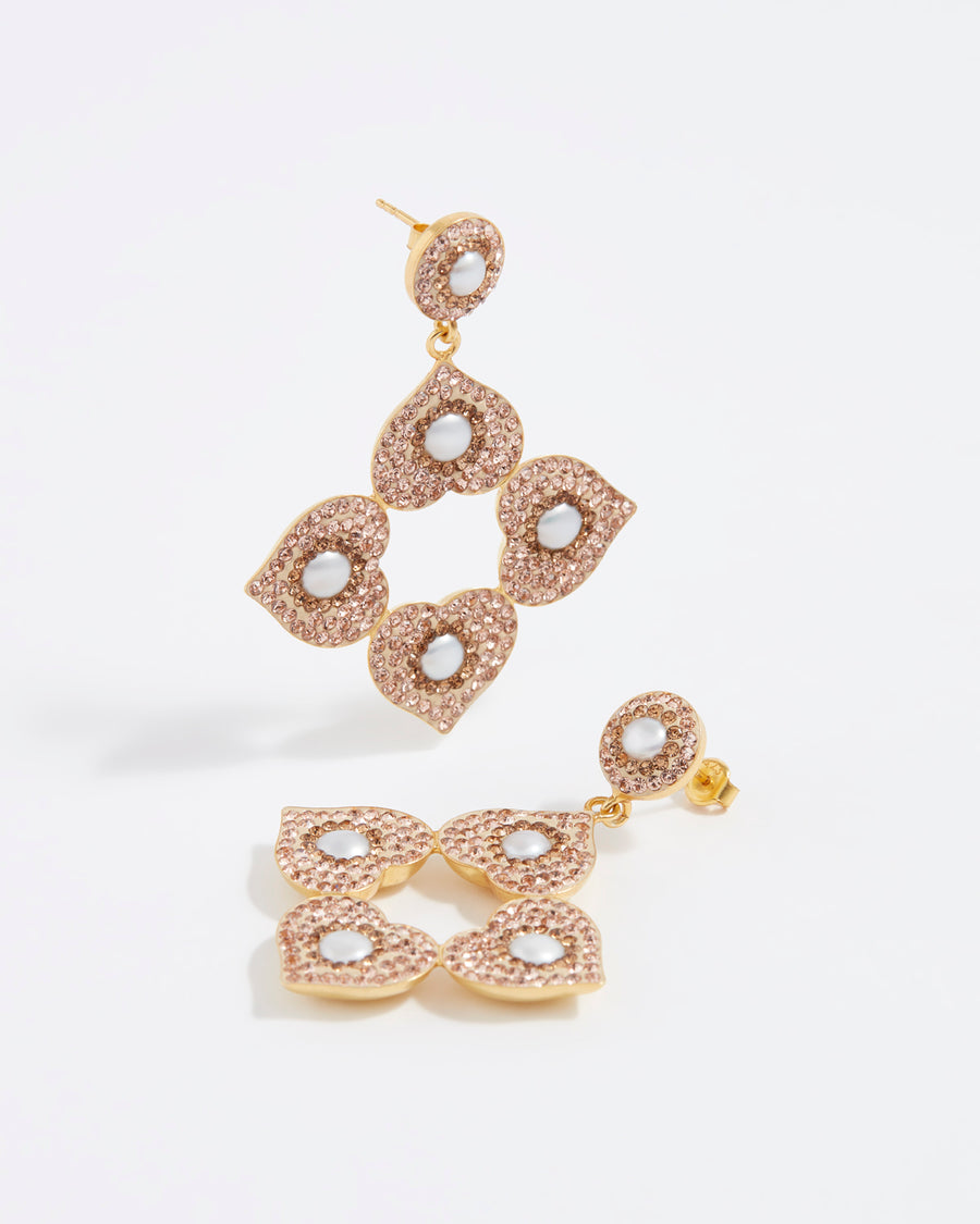 peach coloured heart shaped drop earrings with barqoue pearl gemstones on each heart
