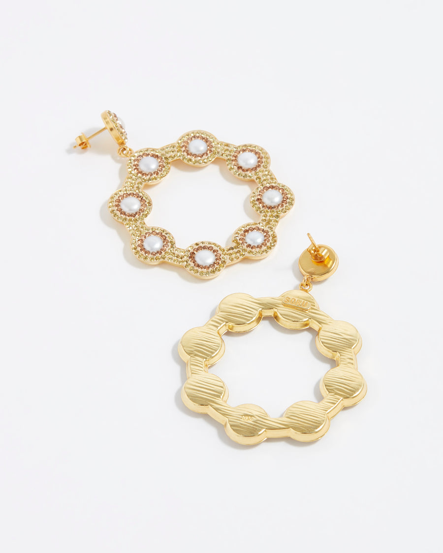 image shows gold back of yellow and pearl circular large hoops