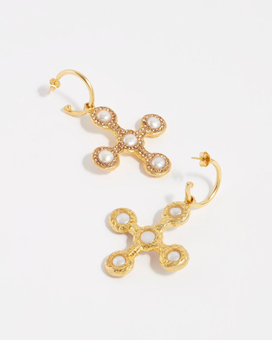 back of pearl and crystal gemstones drop cross earrings