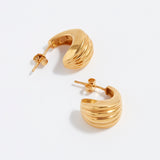 gold plated silver small hoops with fan, textured detailing