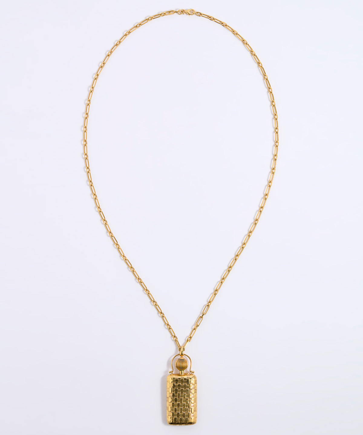 A gold chain necklace with a small rectangular pendant featuring a textured, hammered finish, displayed against a clean white background.