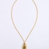 A gold chain necklace with a small rectangular pendant featuring a textured, hammered finish, displayed against a clean white background.