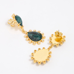 Close up of side and reverse product shot of gold earrings with green gemstones on a white background.