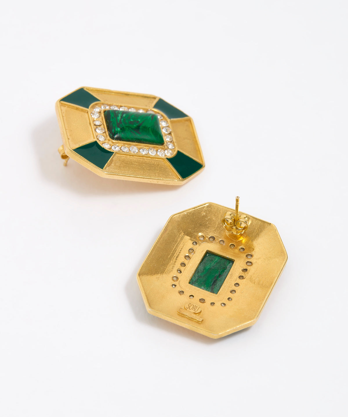 Statement gold and green malachite earrings with clear crystal embellishment on a white background reverse image