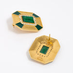 Statement gold and green malachite earrings with clear crystal embellishment on a white background reverse image