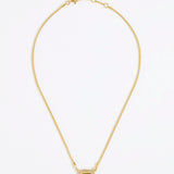 Gold necklace with a square tigers eye stone surrounded by small crystals on a gold chain and white background