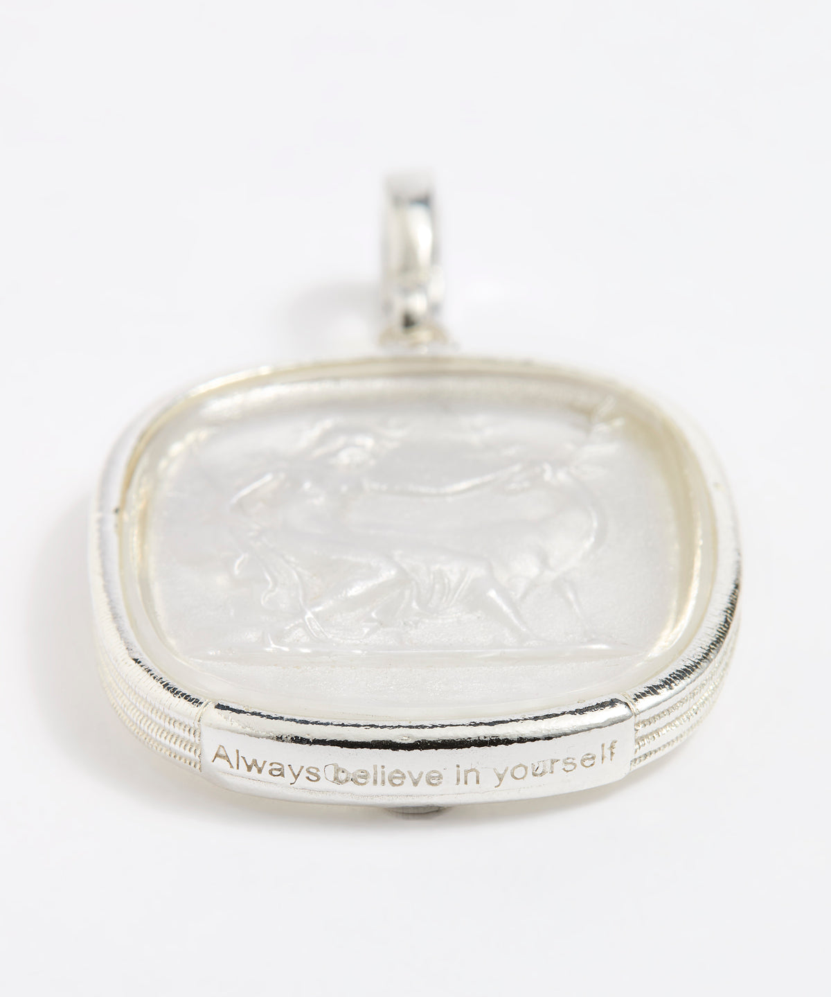 Close up of Large silver charm with near clear murano glass insert depicting the image of  Goddess Diana. With an inscription on the surround that says 'Always Believe in Yourself'