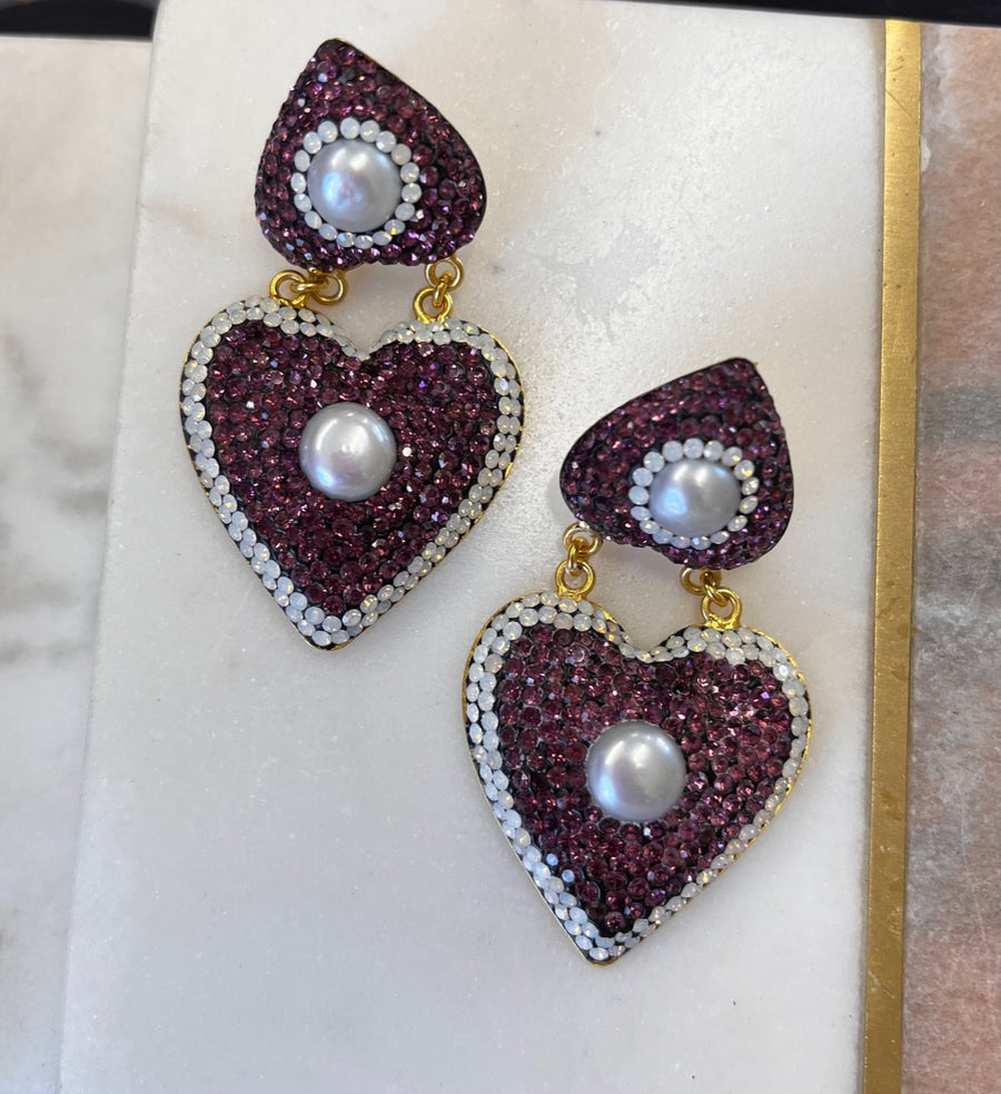 Sample Sale/110 Pearl & Purple crystal Heart Earrings