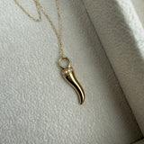 SAMPLE SALE 14k Solid Gold Diamond Cornicello Charm Pendant Necklace