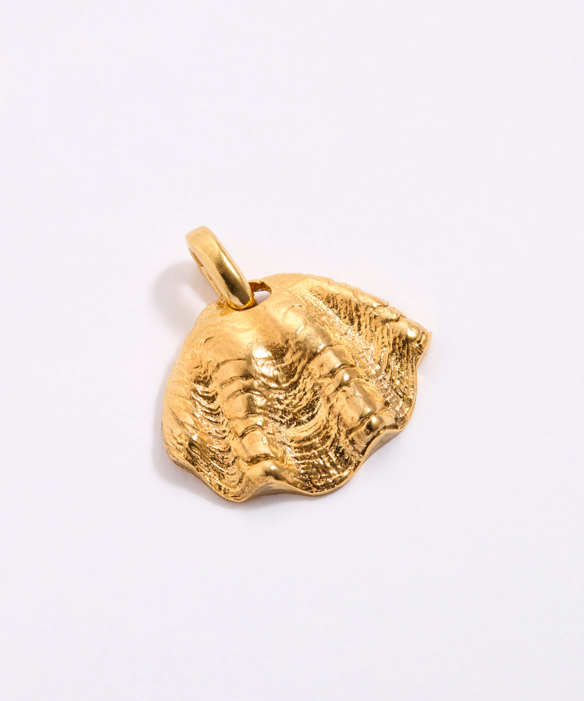 Gold coloured shell pendant on a white background