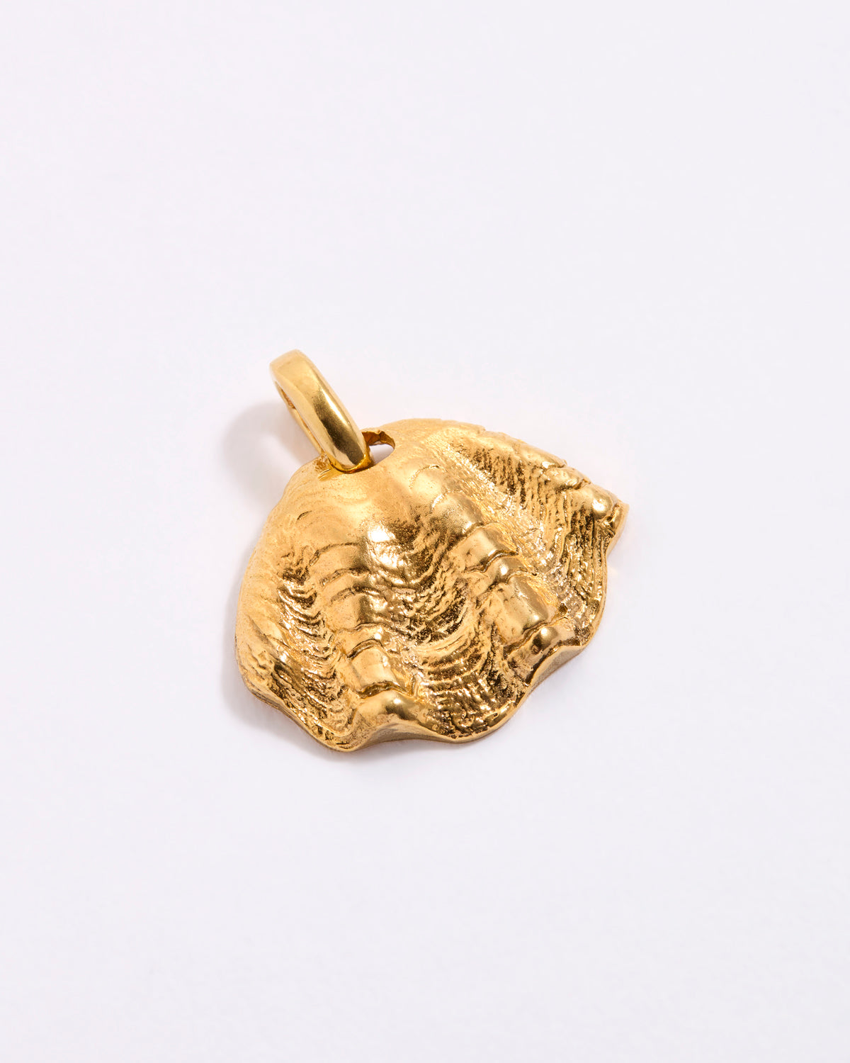 Gold coloured shell pendant on a white background