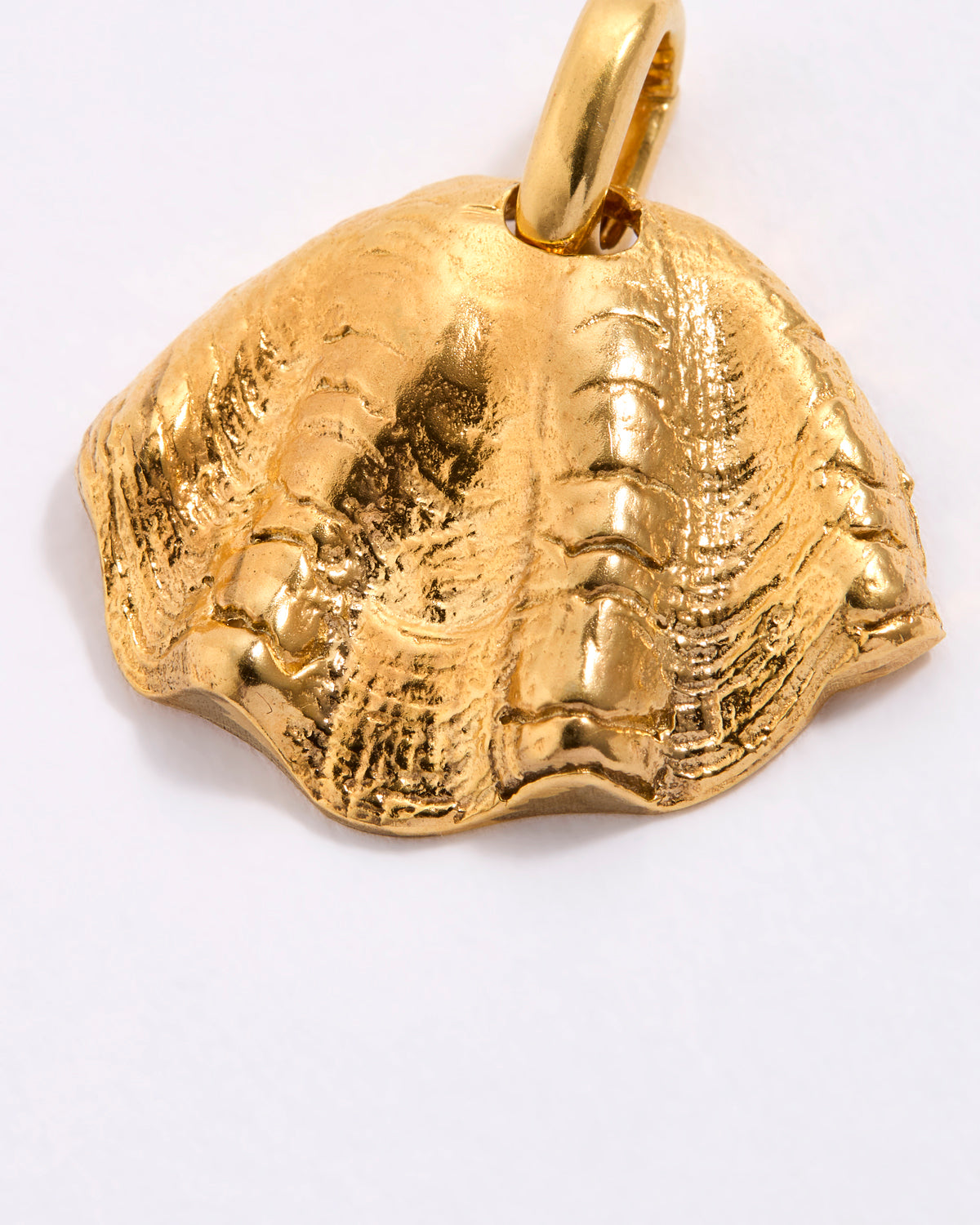 Gold coloured shell pendant with a textured surface on a white background