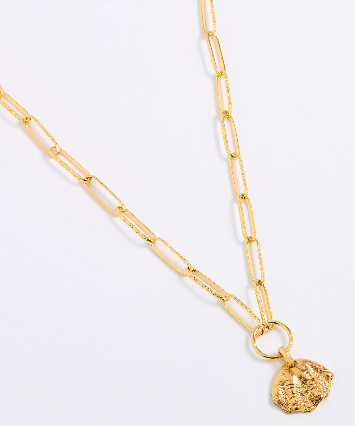 Gold necklace with a shell-shaped pendant on a white background