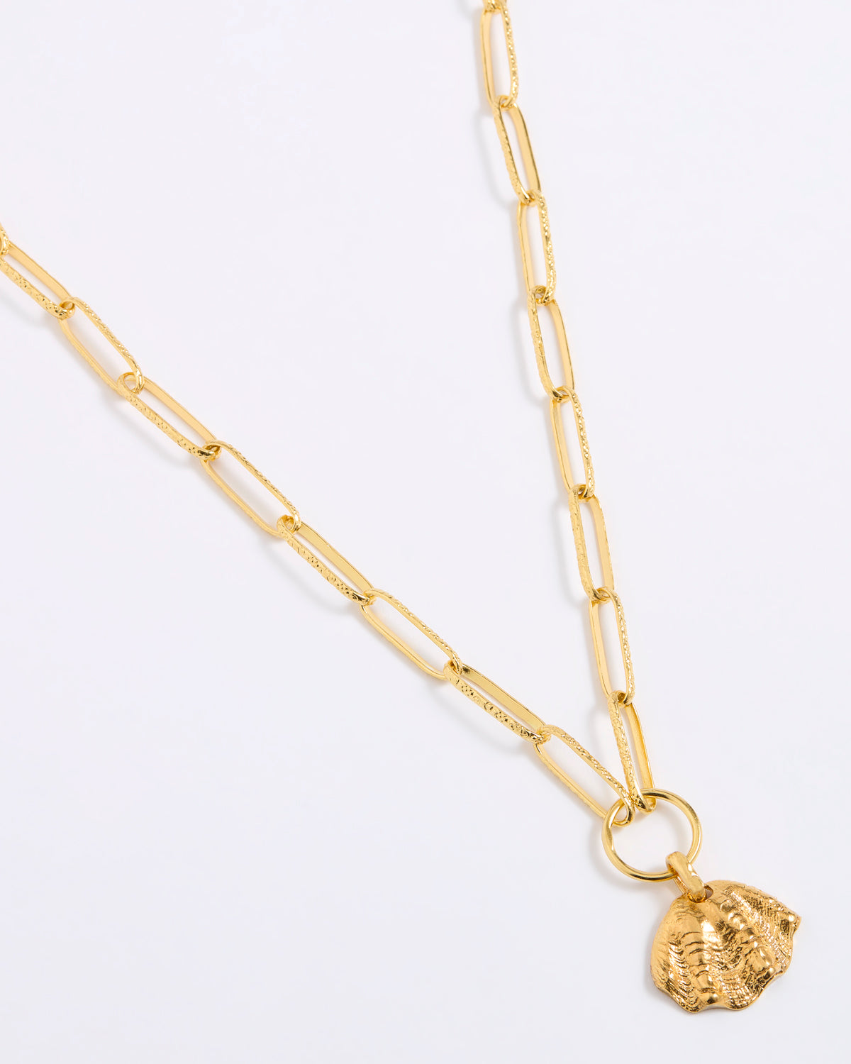 Gold necklace with a shell-shaped pendant on a white background