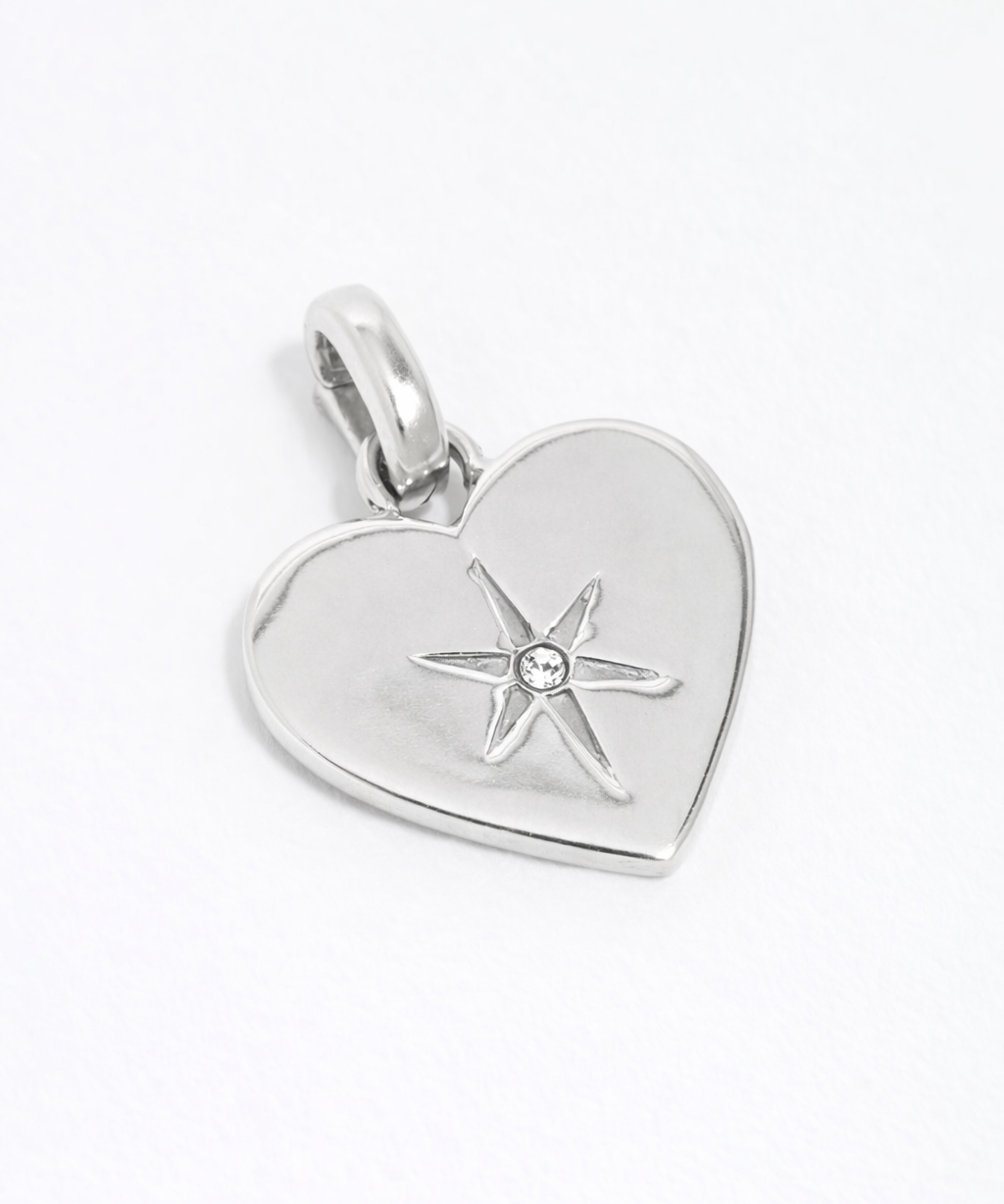 Silver Heart shaped charm with etched star and central clear crystal 