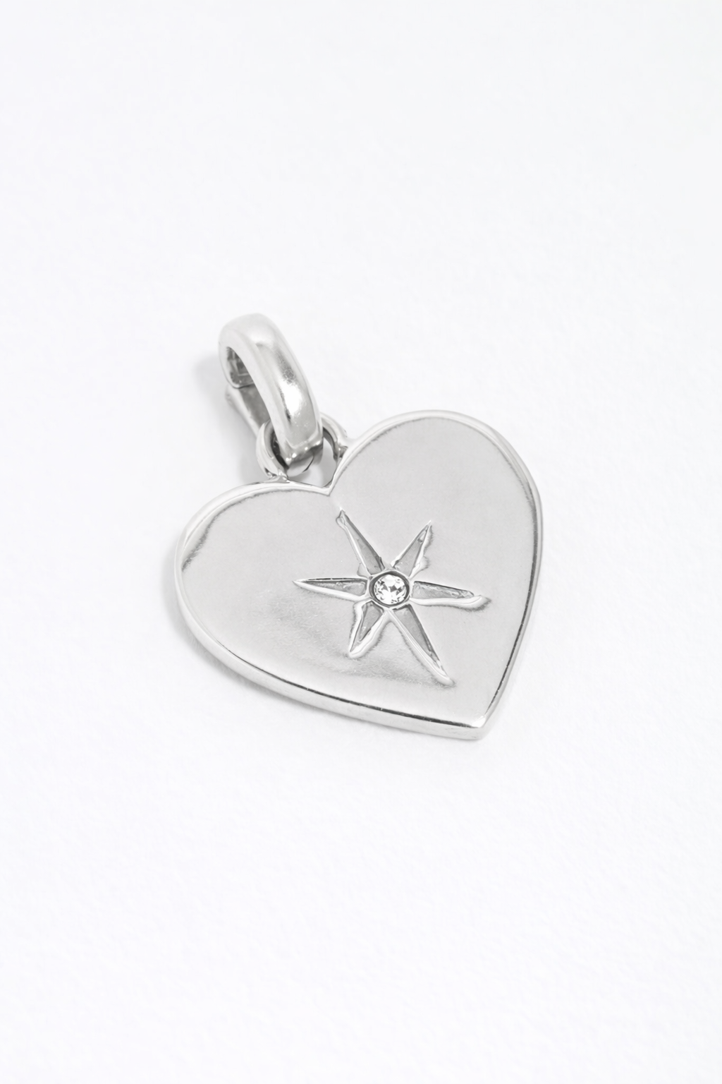 Silver Heart shaped charm with etched star and central clear crystal 