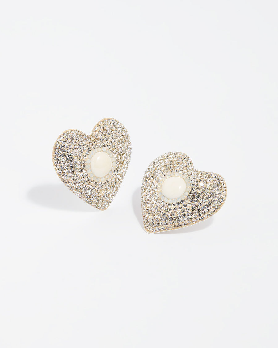 Heart studs large heart shaped silver and crysta pearl studs product image with white background