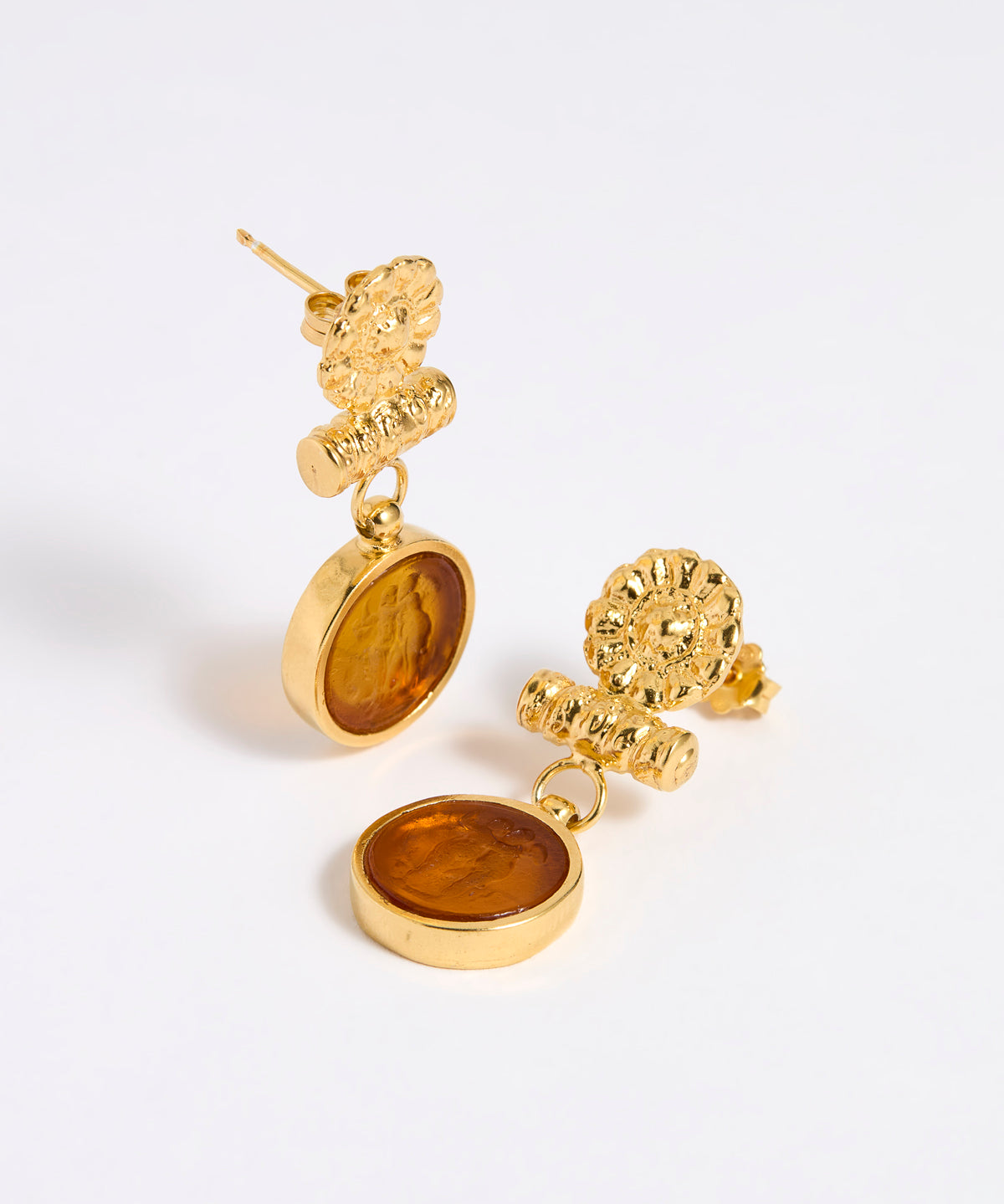 Gold plated  drop earrings with round amber glass pendant featuring an image of twins.