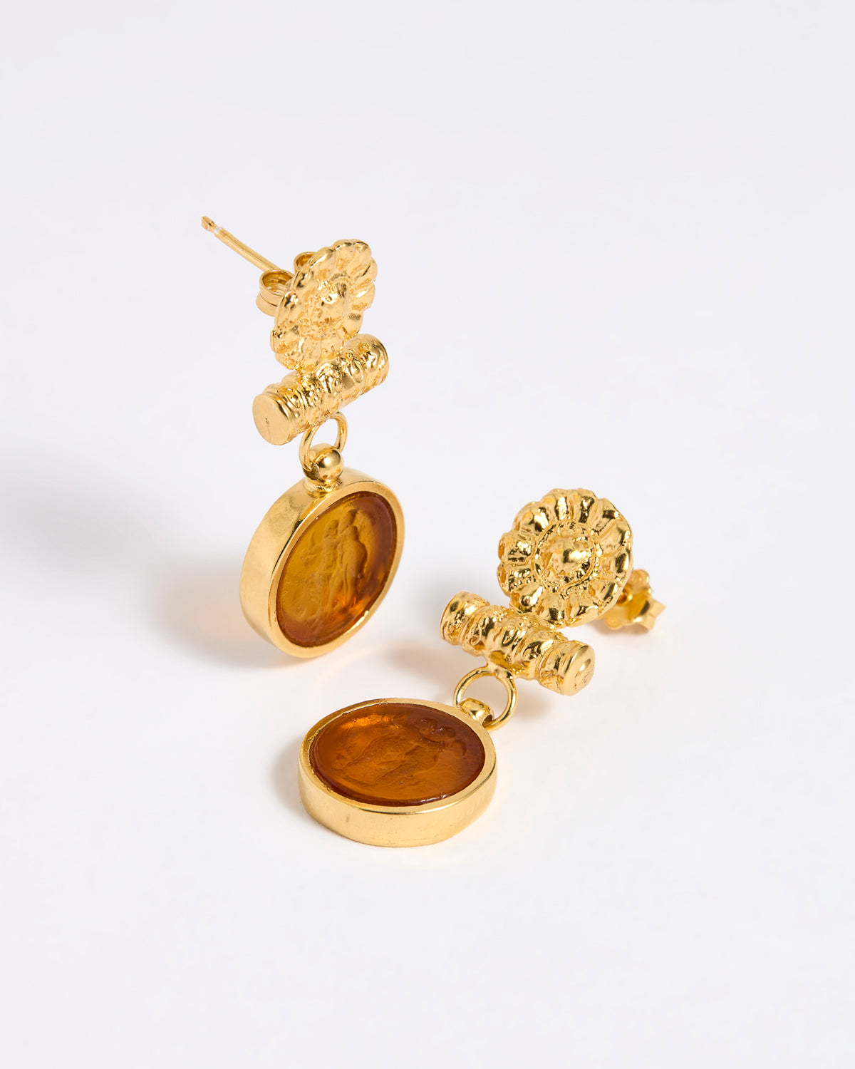 Gold plated  drop earrings with round amber glass pendant featuring an image of twins.