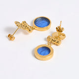 Reverse image of Gold plated  drop earrings with round blue glass pendant featuring an image of twins.