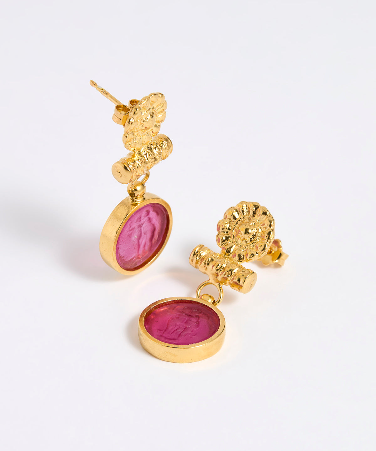 Gold plated  drop earrings with round magenta glass pendant featuring an image of twins.