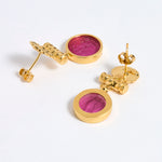 Reverse image of Gold plated  drop earrings with round amber glass pendant featuring an image of twins.