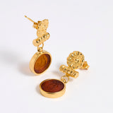 Gold plated  drop earrings with round topaz glass pendant featuring an image of twins.