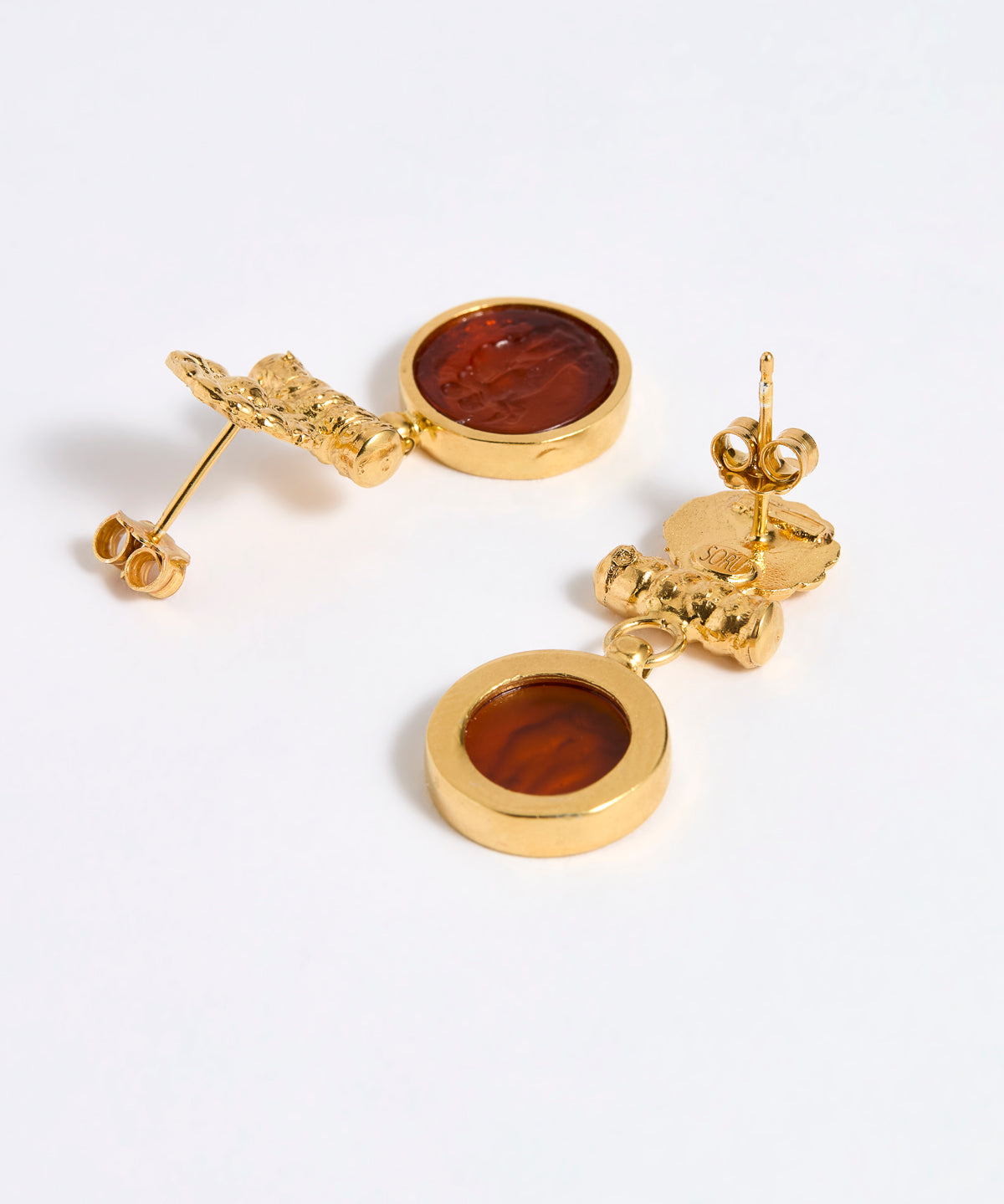 Reverse image of Gold plated  drop earrings with round topaz glass pendant featuring an image of twins.