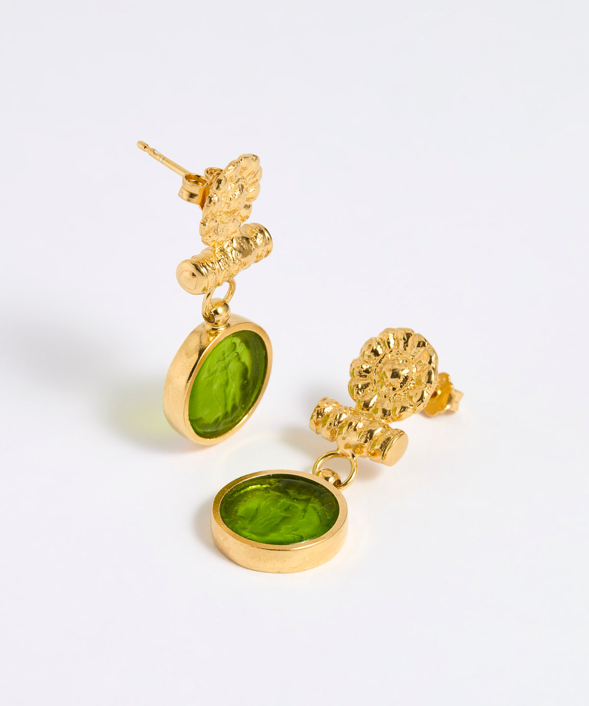 Gold plated drop earrings with round Verde glass pendant featuring an image of twins.