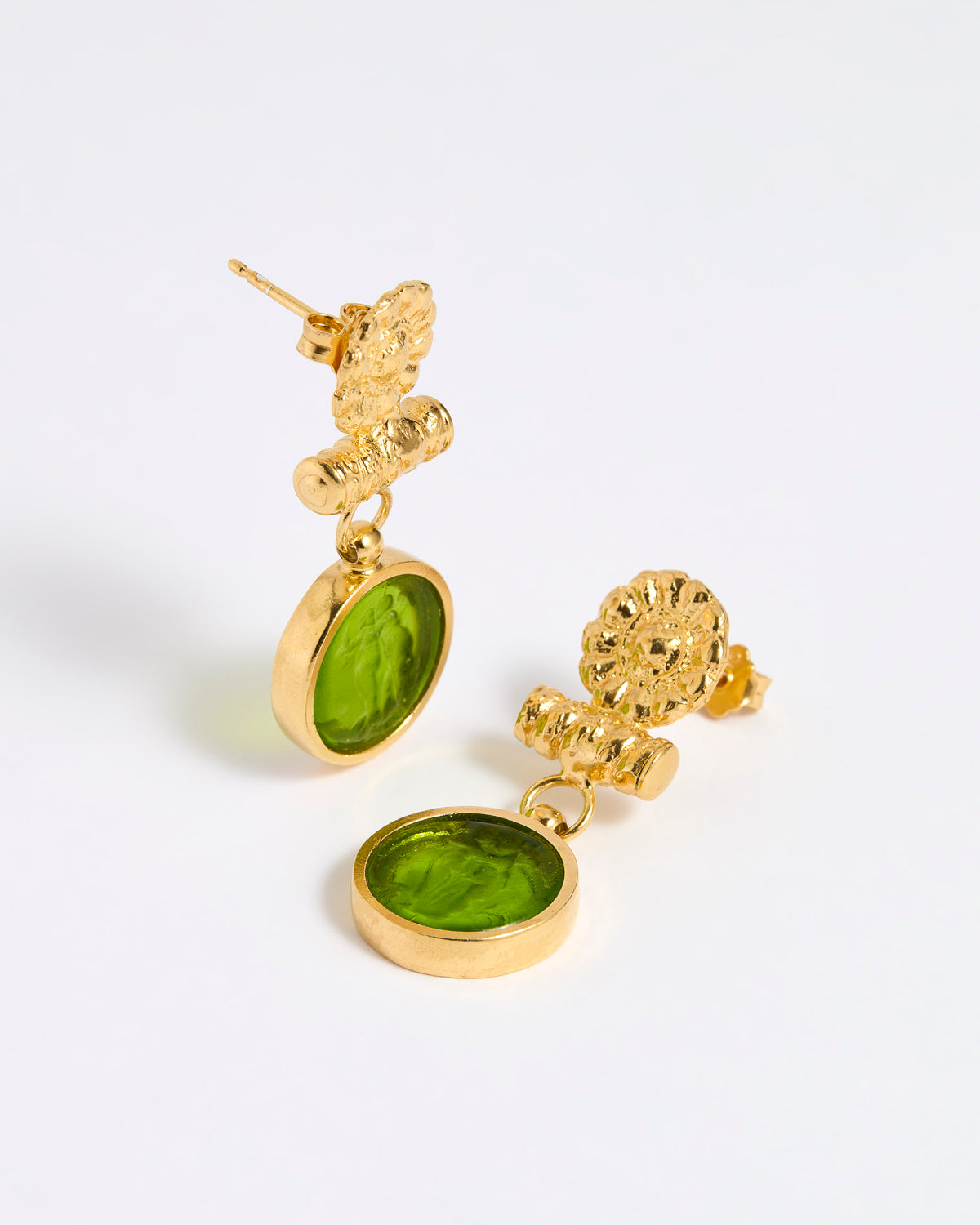 Gold plated drop earrings with round Verde glass pendant featuring an image of twins.