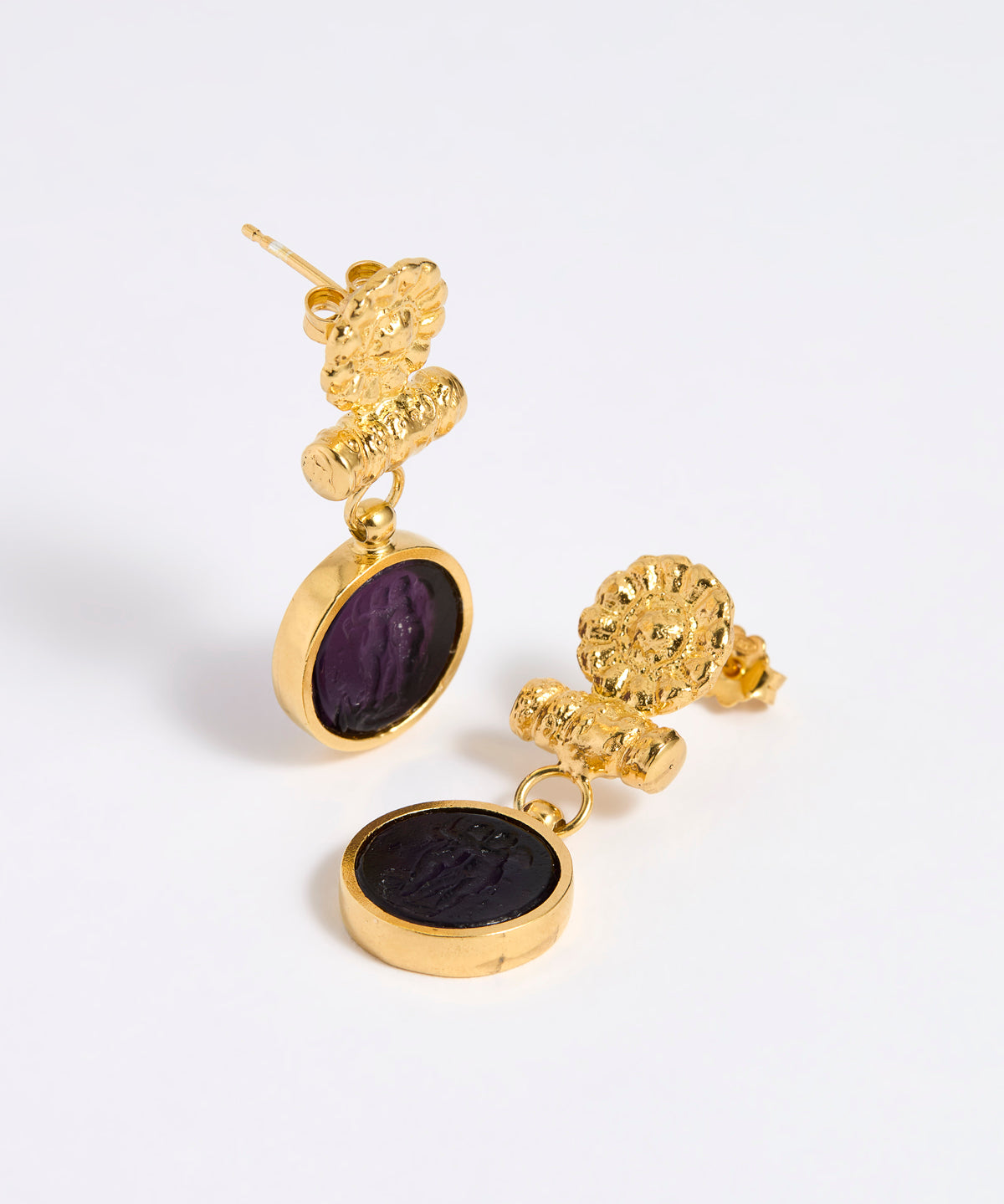 Gold plated  drop earrings with round violet glass pendant featuring an image of twins.