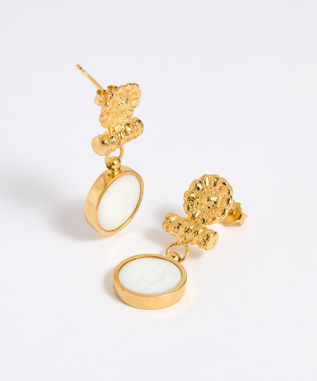 Gold plated  drop earrings with round white glass pendant featuring an image of twins.